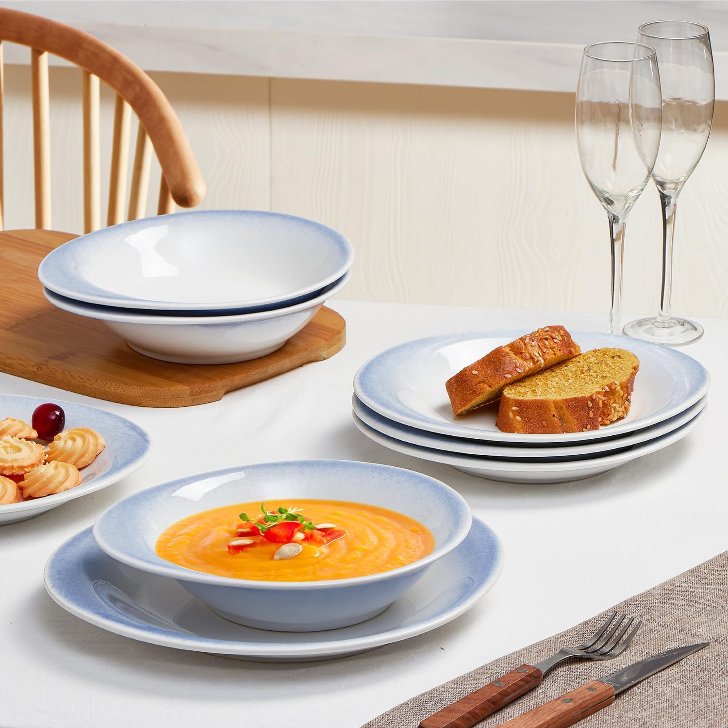 ONEMORE Tazones de sopa aptos para horno, cuencos de cerámica para pasta, de 20 onzas, juego de 4 cuencos de cereales anchos y poco profundos, aptos