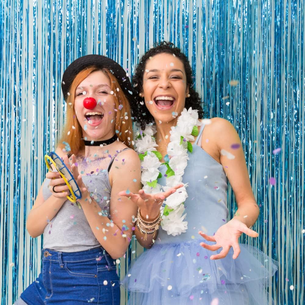 Paquete de 2 cortinas de telón de fondo azul con serpentinas de oropel decoración temática del océano, decoraciones de fiesta de cumpleaños, telón