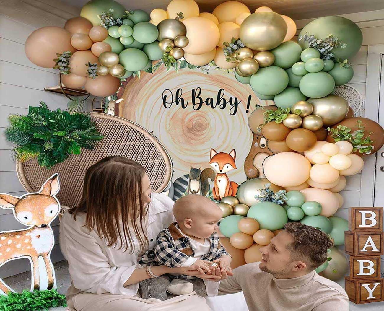 Decoración de baby shower de bosque, 1 telón de fondo de animales del bosque, 4 piezas, caja de grano de madera con letra de bebé, 115 piezas, verde