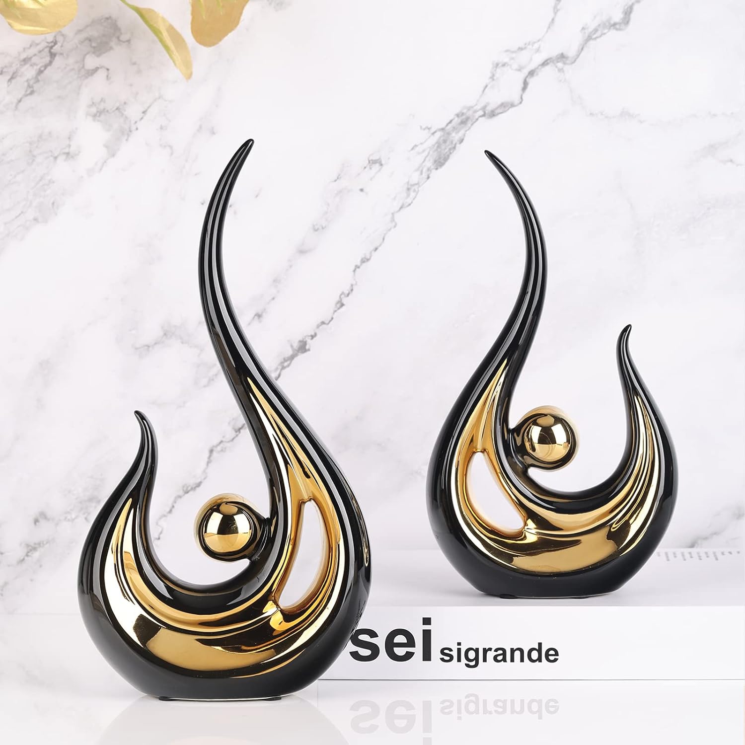 Acento de decoración del hogar negro y dorado de 11.2 pulgadas de alto, centro de mesa de centro moderno de mediados de siglo, figuras modernas de