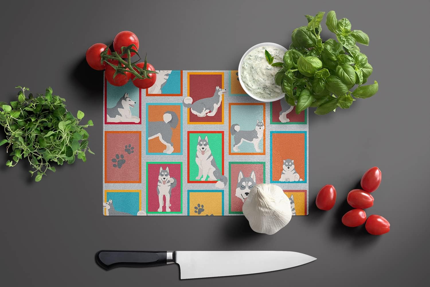 Caroline’s Treasures MLM1159LCB Lots of Grey Siberian Husky Glass Cutting Board Large Decorative Tempered Glass Kitchen Cutting and Serving Board