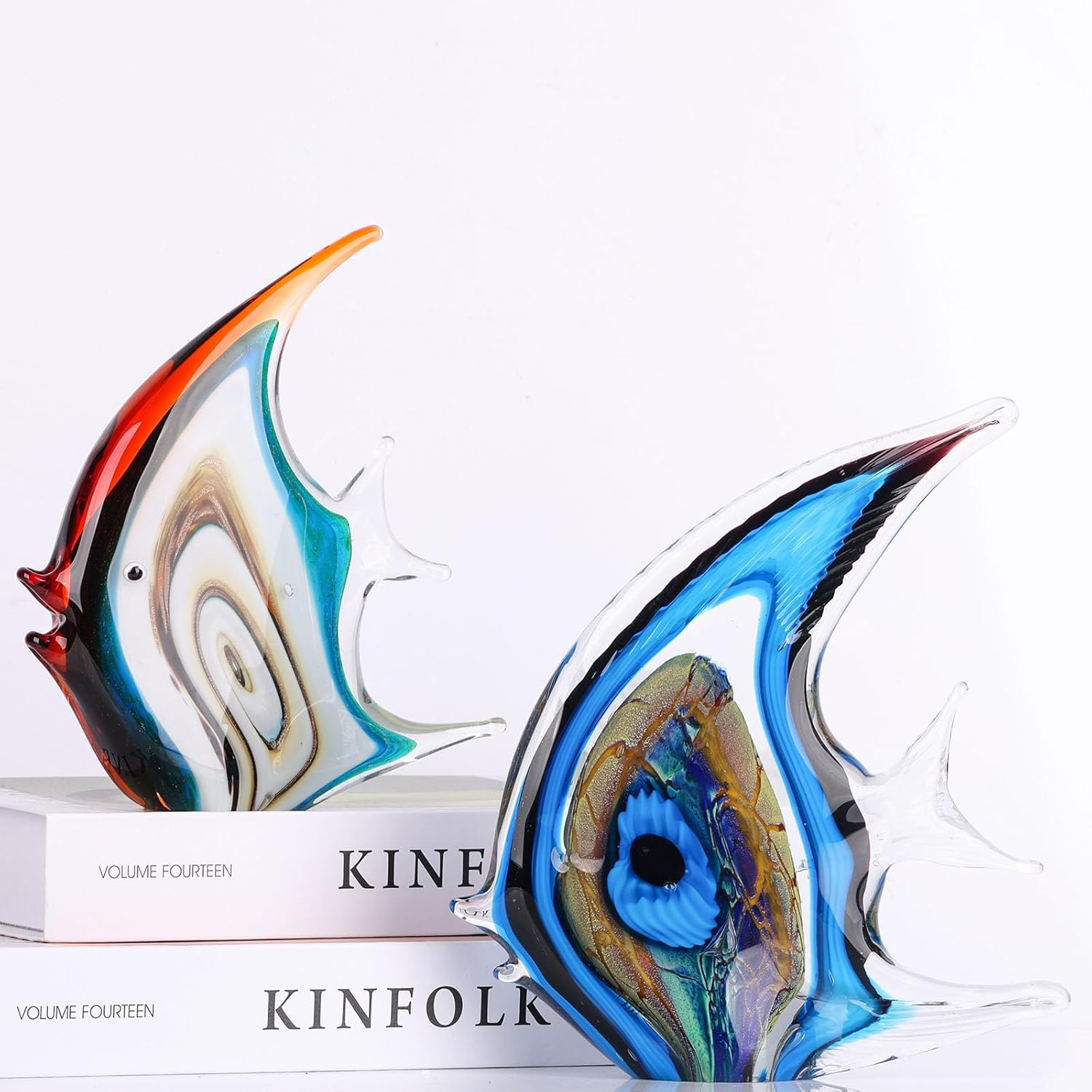 XMGZQ Figuras de vidrio soplado a mano, decoración de vidrio azul soplado, adorno de figuras de peces de vidrio tropical, escultura de animales