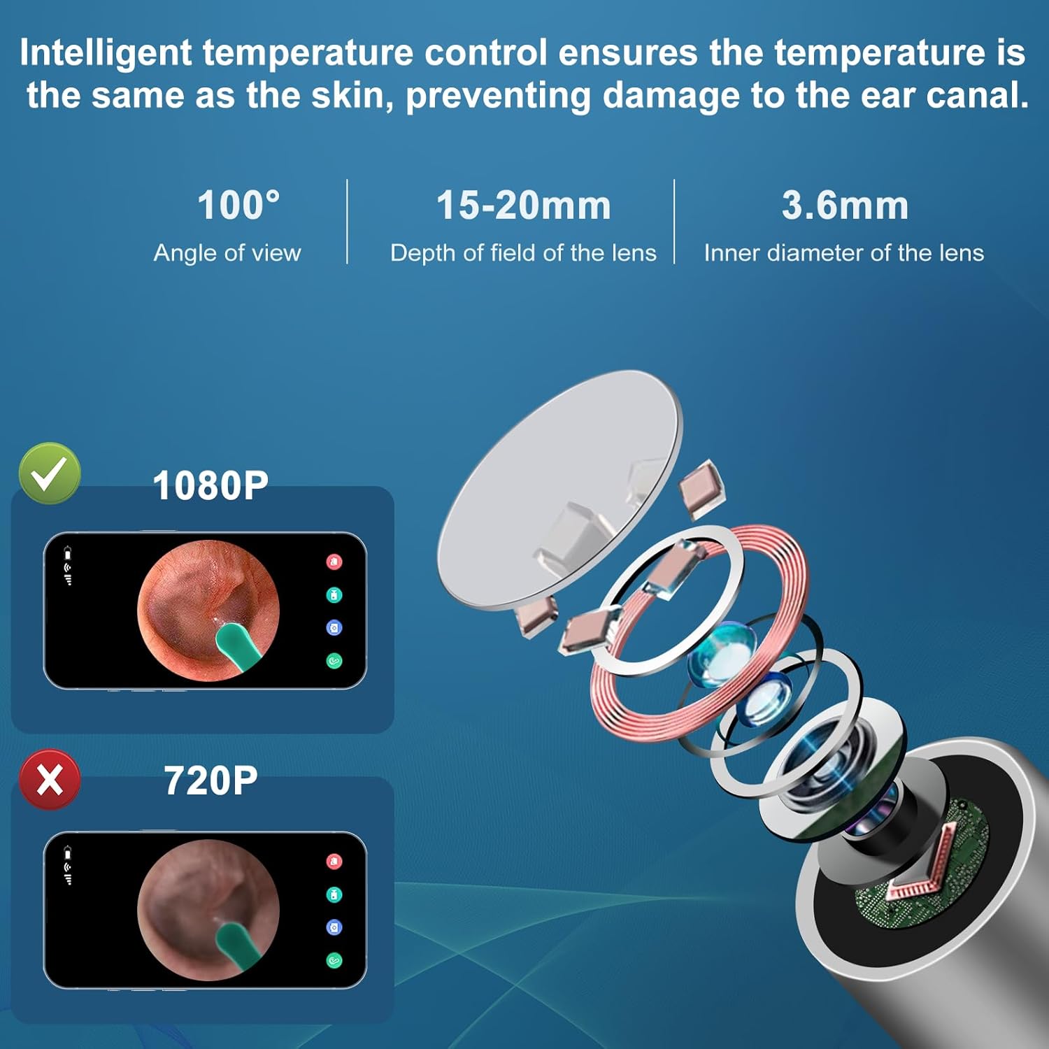 Herramienta de eliminación de cera de oído, limpiador de oídos con cámara de otoscopio HD 1080P, otoscopio de cámara de oído con luz, 6 luces LED,