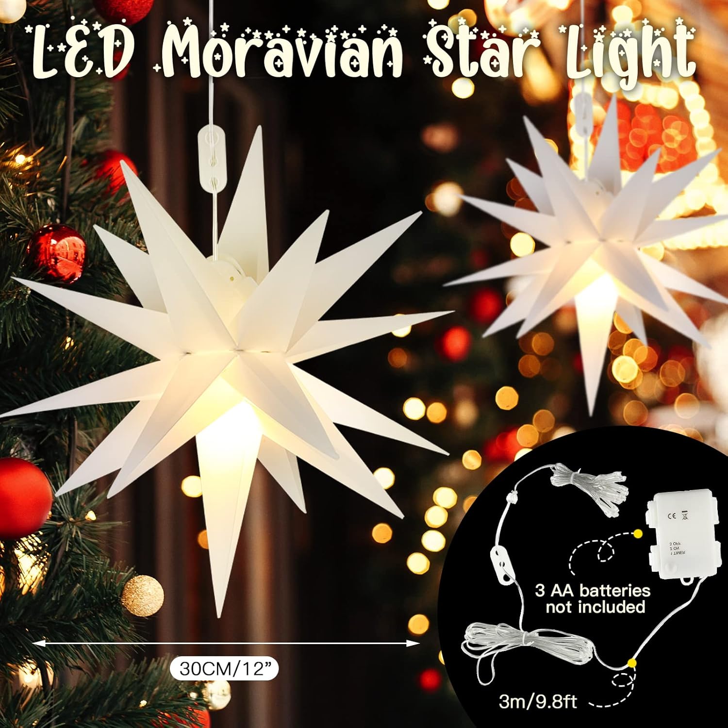 8 luces de estrella moravia 3D LED colgantes de estrella alimentadas por batería con función de temporizador, luz blanca para porche, decoración