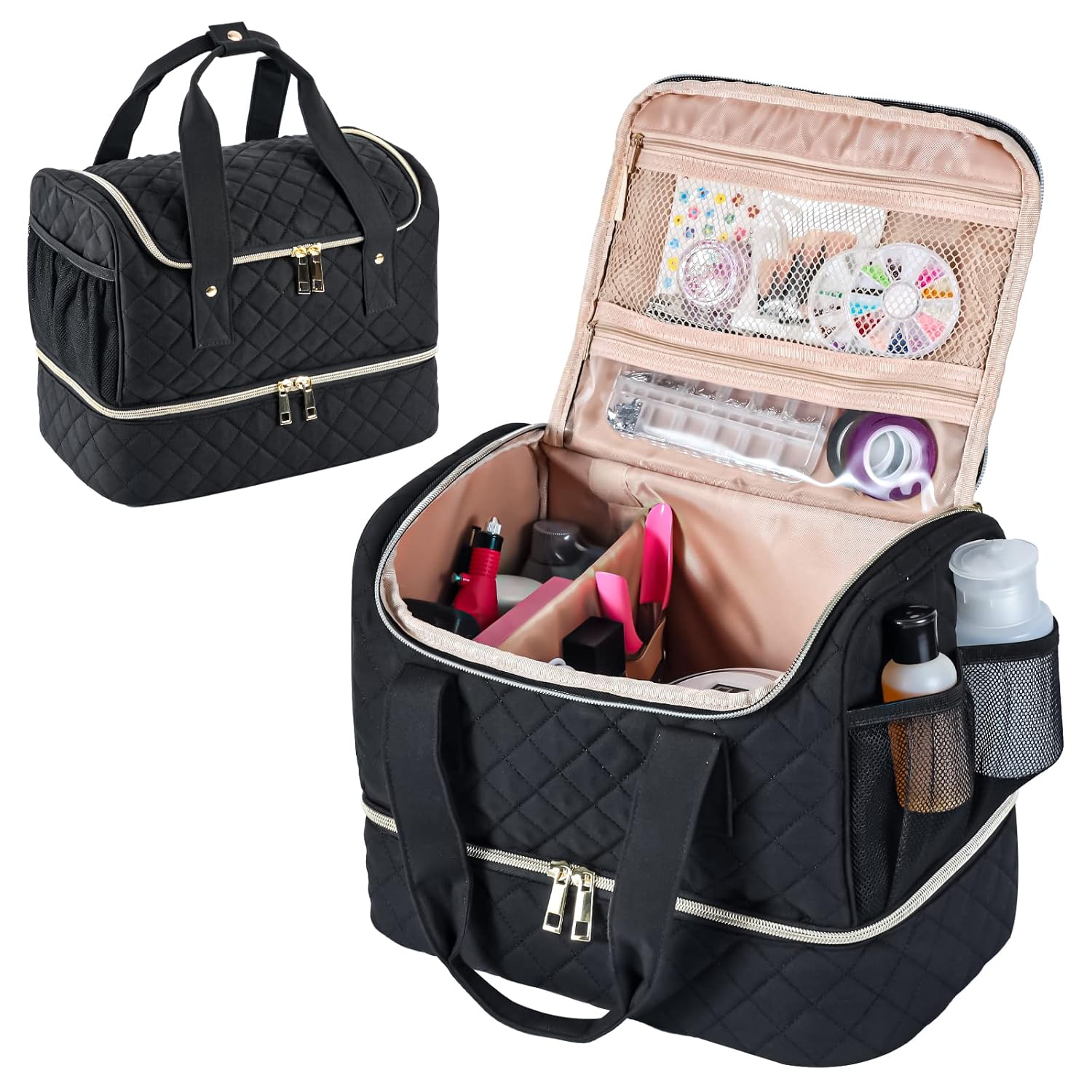 Bolsa organizadora de esmalte de uñas, se adapta a 1 lámpara de uñas y 40 botellas, bonito organizador de uñas con bolsillos laterales para