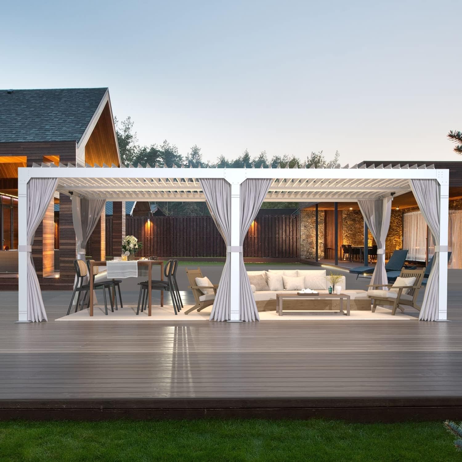 MELLCOM Pérgola con listones 10×20, pérgola de aluminio con techo de listones ajustables, pérgola para exteriores con cortinas y redes impermeables,