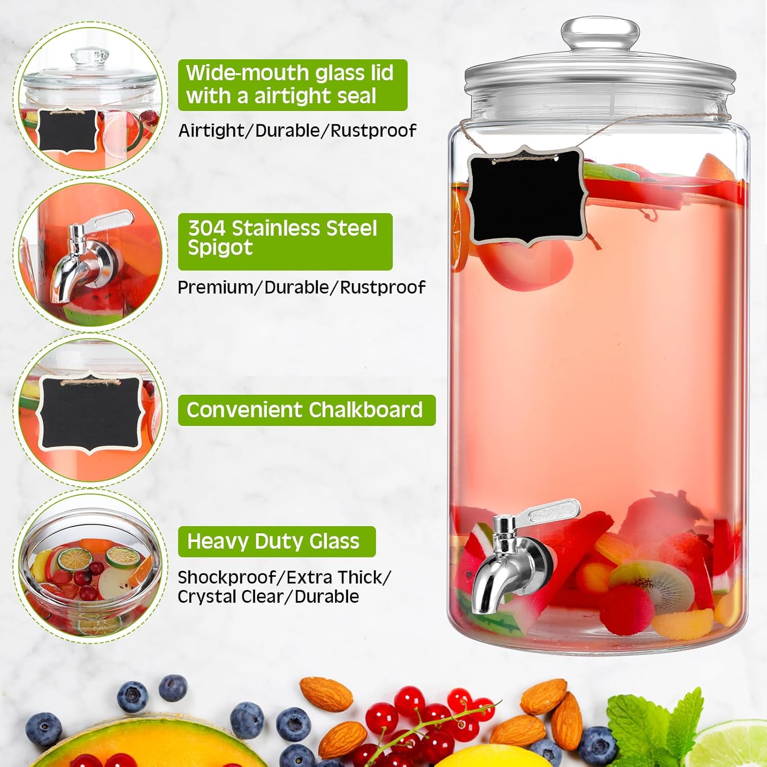 Dispensador de bebidas de vidrio para fiestas, dispensador de bebidas con espita de acero inoxidable y pizarra para frasco, bebida, agua y jugo (1.5