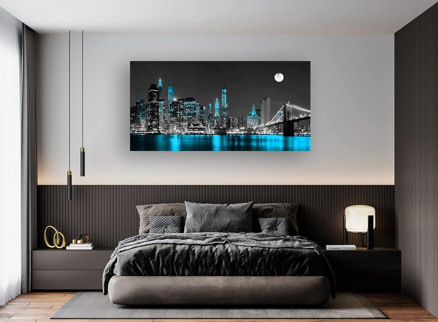 Jiuqinghua Lienzo decorativo para pared, 1 panel, negro, blanco y azul, puente de Brooklyn, paisaje urbano, paisaje nocturno, pintura para cocina,