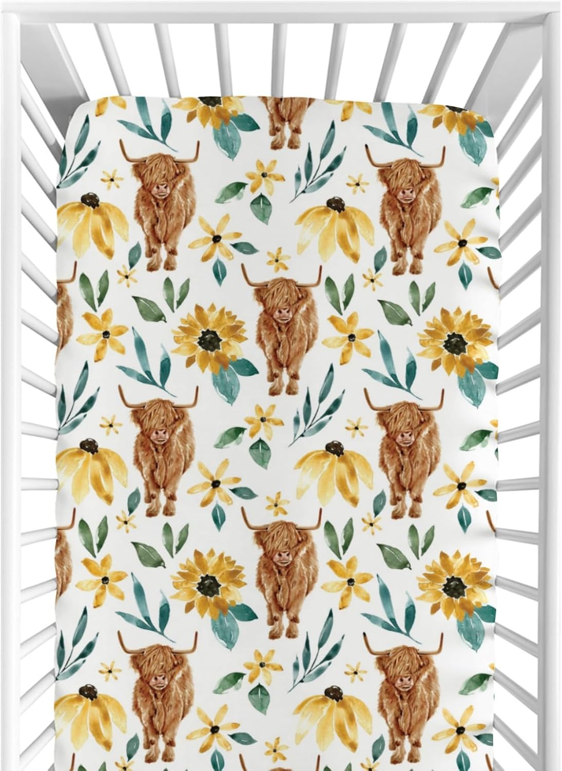 Highland Cow – Sábana bajera estándar para cuna para bebé, diseño de flor de yak de animales de granja occidental, suave y elástica, decoración
