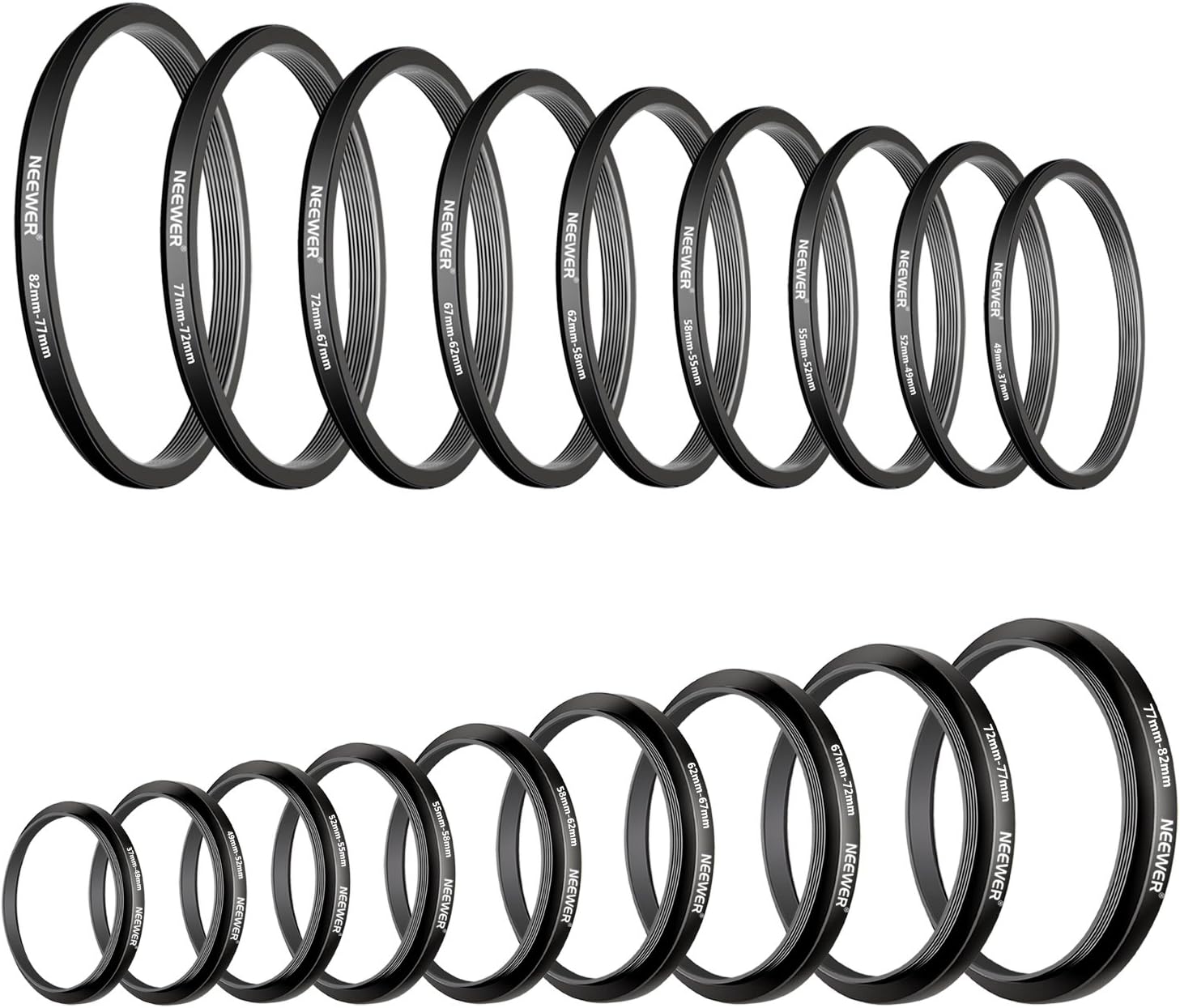 NEEWER Kit de 18 anillos escalonadores, incluye 9 anillos escalonados y 9 anillos escalonados con marco de aluminio anodizado de alta calidad para