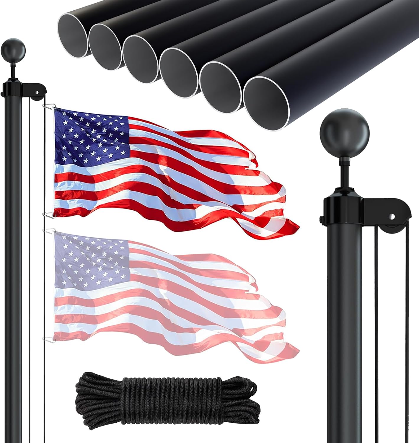 NELXINJO Kit de asta de bandera seccional de 25 pies, asta de bandera de aluminio resistente para exteriores, parte superior de bola negra, bandera