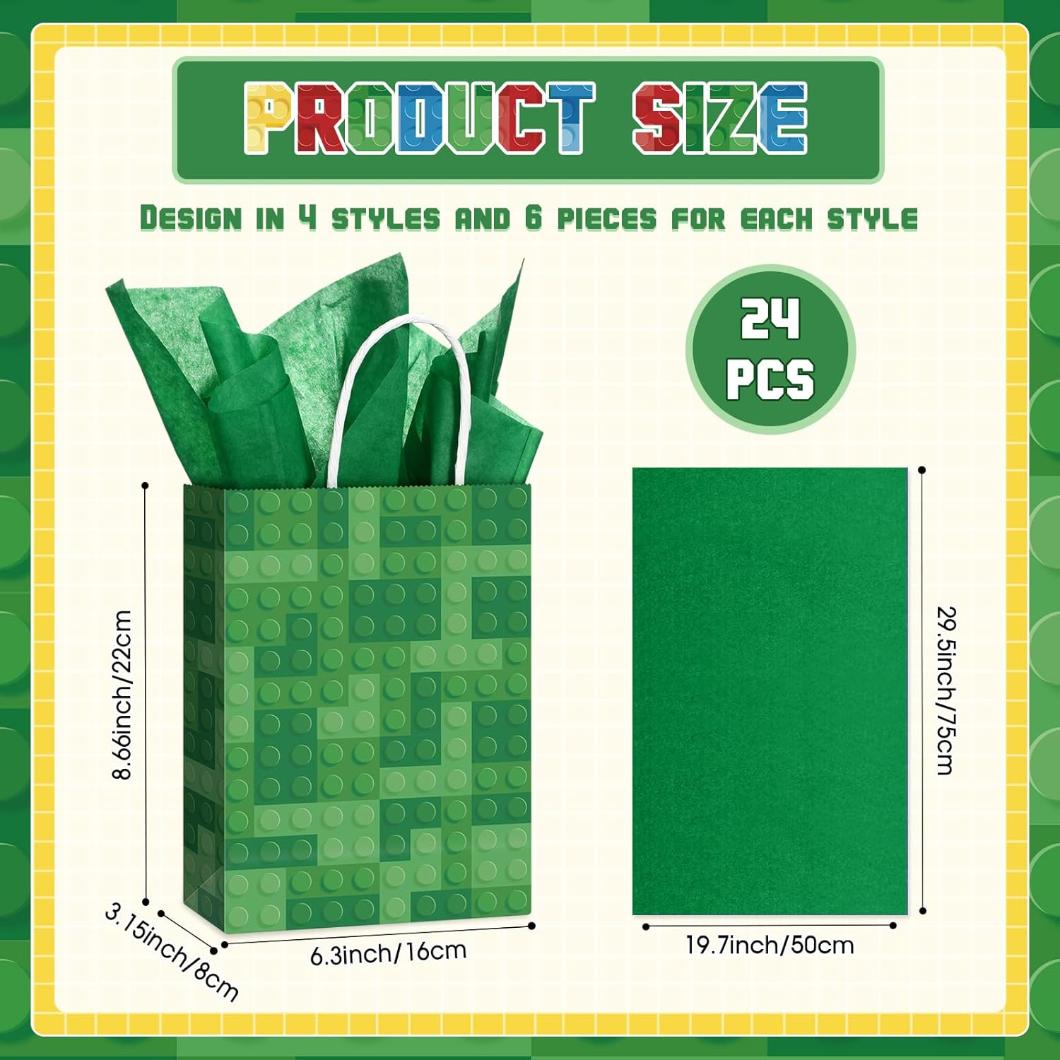 Pasimy 24 bolsas de recuerdos de fiesta de bloques de construcción con 24 piezas de ladrillos de papel de seda, bolsa de papel con tema de bloque a