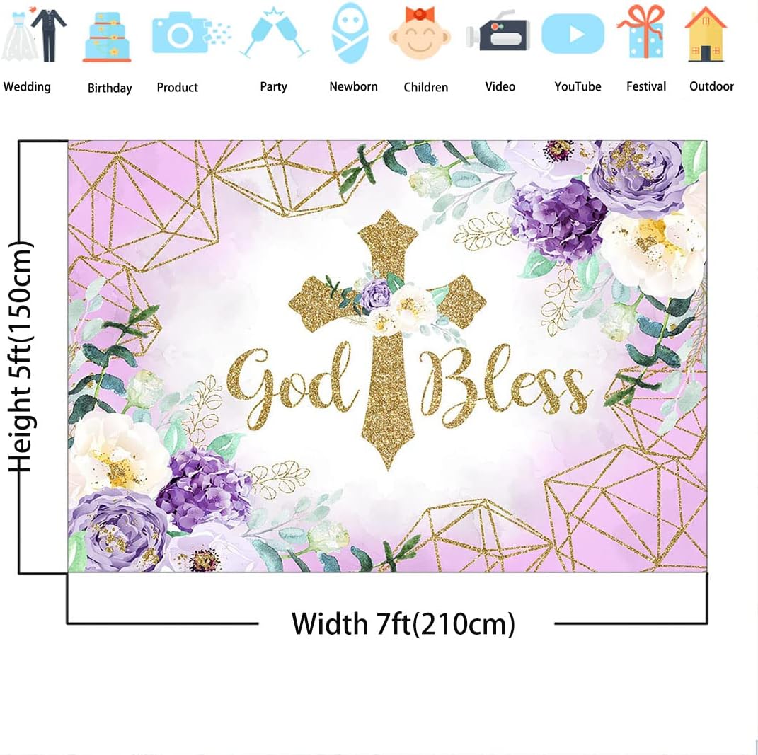 Avezano Telón de fondo para niñas de 7 x 5 pies, flores moradas, fondo de bautismo, primera comunión, bautizo, fiesta, decoración de recién nacido,