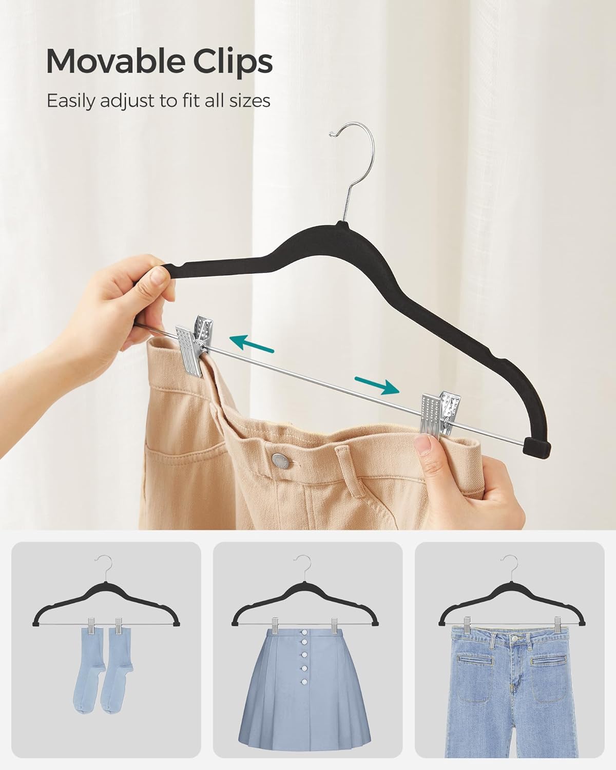 SONGMICS Paquete de 20 perchas para pantalones, perchas de terciopelo de 16.7 pulgadas de largo con clips ajustables, resistentes, antideslizantes,
