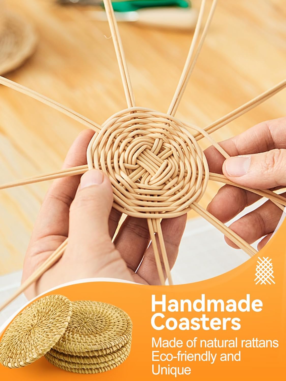6pcs Handmade Rattan Coasters with Holder, Natural Wicker Boho Coasters Set, Heat-resistant Drink Coasters for Coffee Table Housewarming Gifts Hot