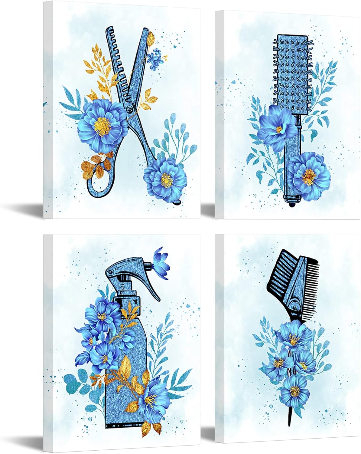 sechars Peluquería decoración de pared herramientas de peluquería pintura pintura lienzo impresiones azul moda arte de pared para sala de maquillaje