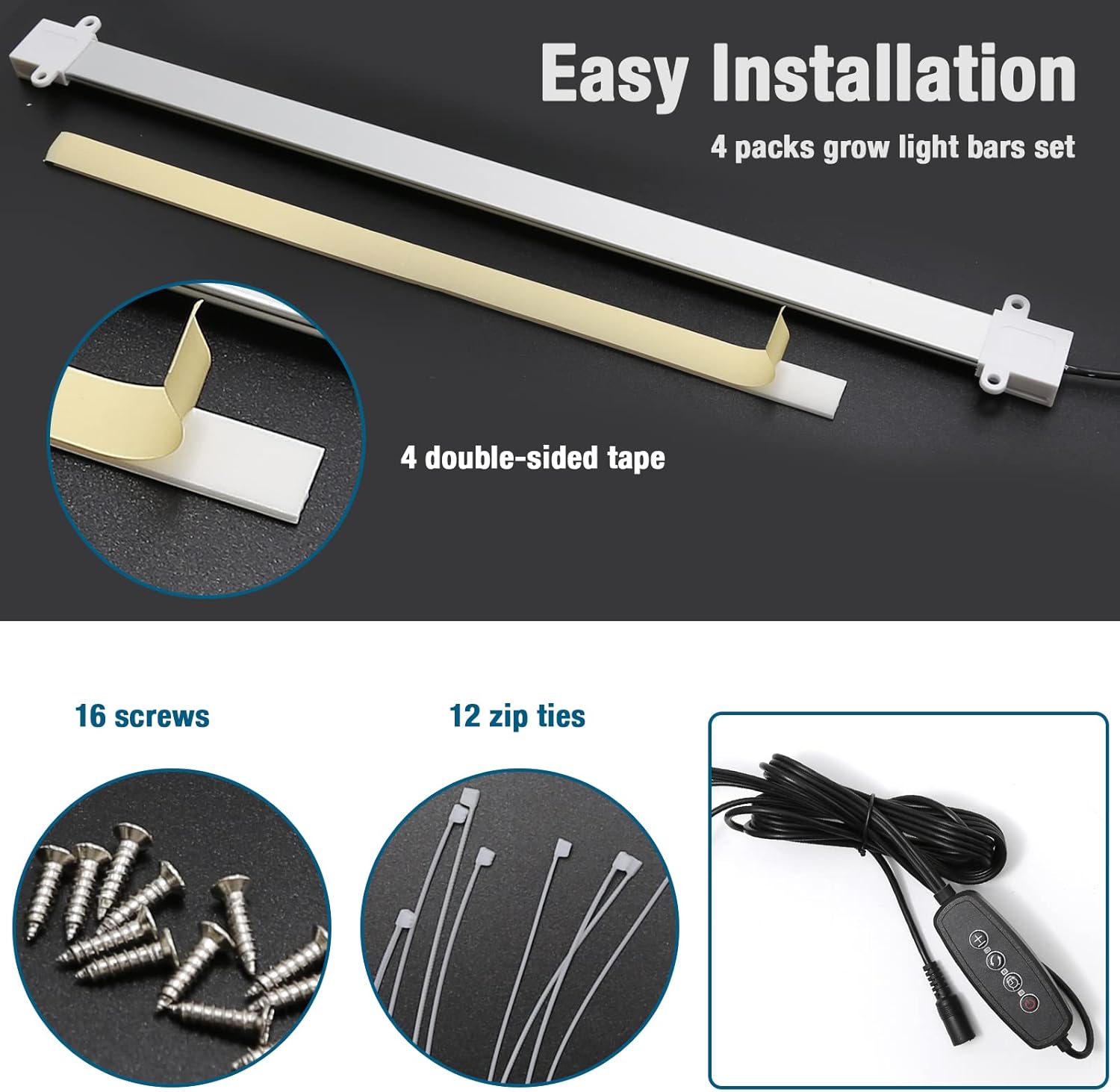 Paquete de 4 luces de cultivo para plantas de interior, tiras de luz LED DC12V, 432 luces LED de espectro completo con temporizador automático de