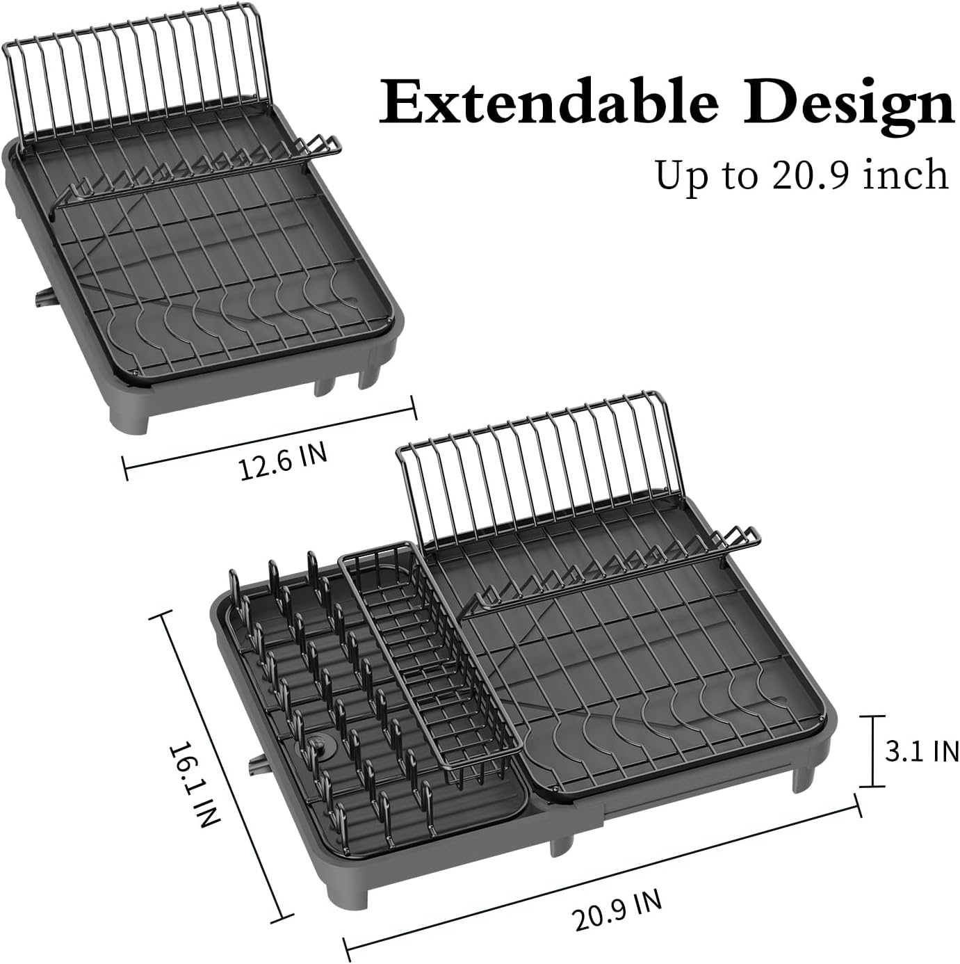YEPATER Escurridor de platos extensible, escurridor de platos grande con escurridor, soporte para tazas, organizador de cajones de cubiertos,