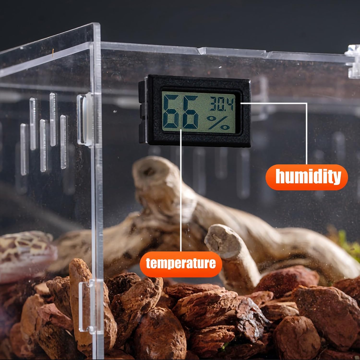 Tanque de terrario de reptiles con pestillo de bloqueo (14 x 8 x 6 pulgadas), caja de alimentación de reptiles de acrílico para reptiles pequeños en