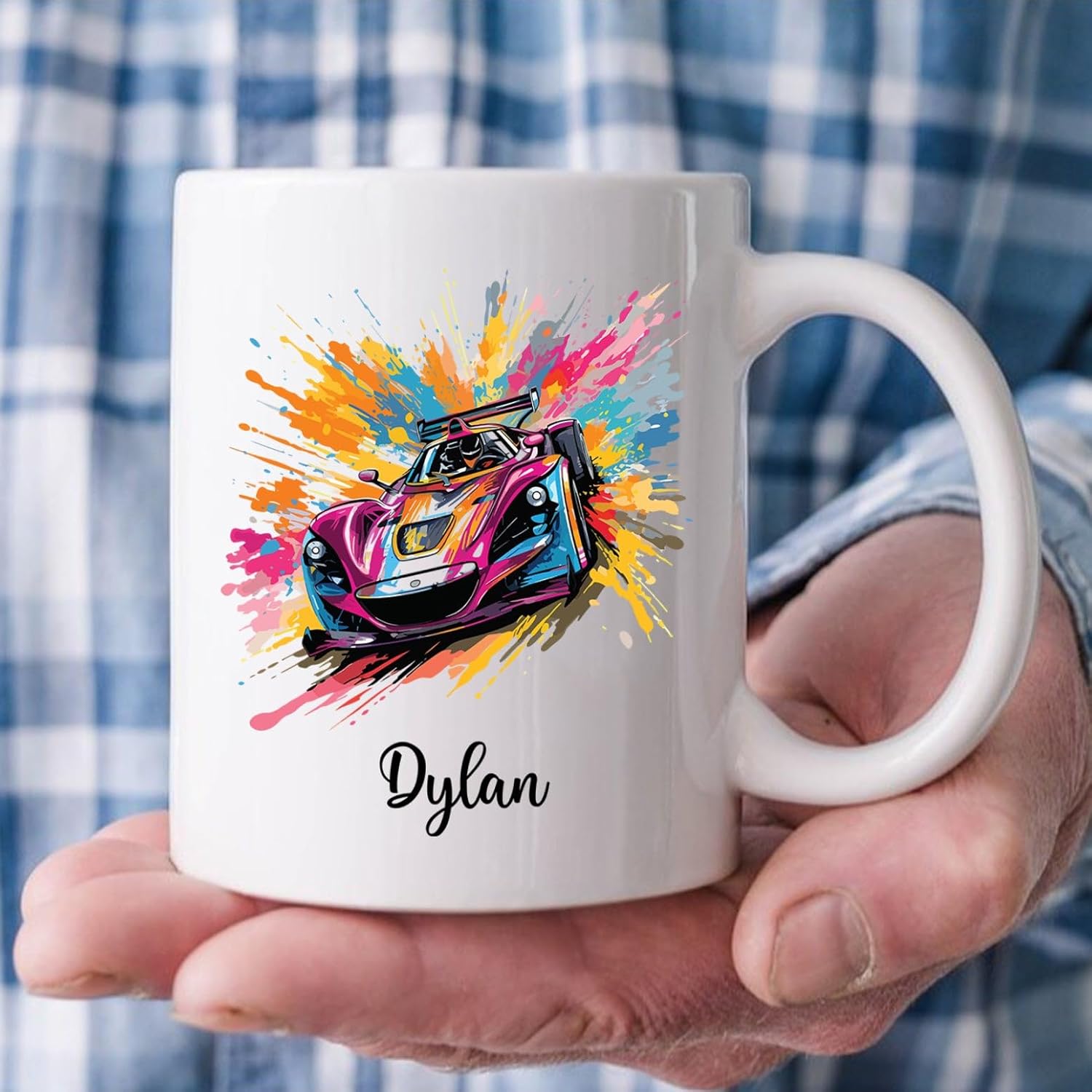 Taza personalizada de carreras de autos con nombre, regalos de taza de café de carreras de coches, taza de té deportiva, taza de acuarela de