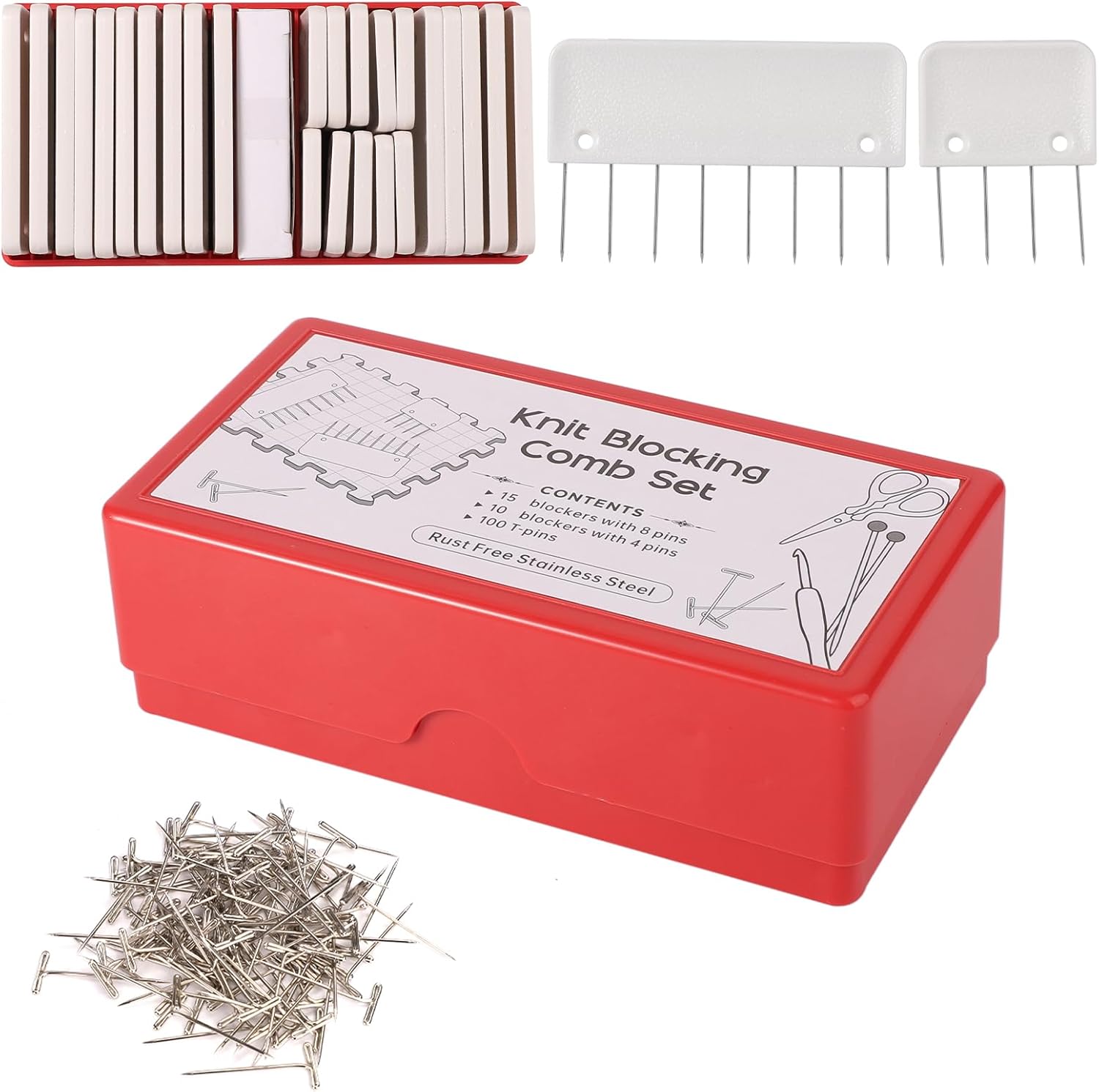 Kit de 125 pasadores de bloqueo de punto, 25 peines de bloqueo de punto y 100 pines en T para tejer, bloqueadores de punto y kit de alfileres para