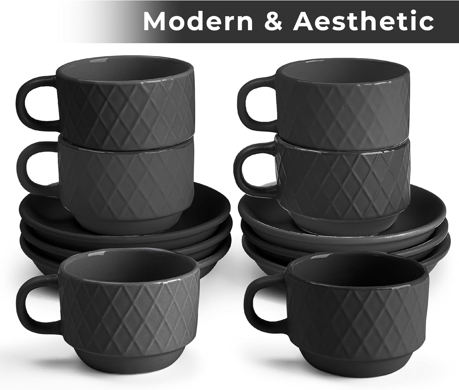 MIAMIO – 6 tazas de café expreso de gres de 2.5 onzas, juego moderno de tazas con soporte y platillos – Colección Palmanova (negro)