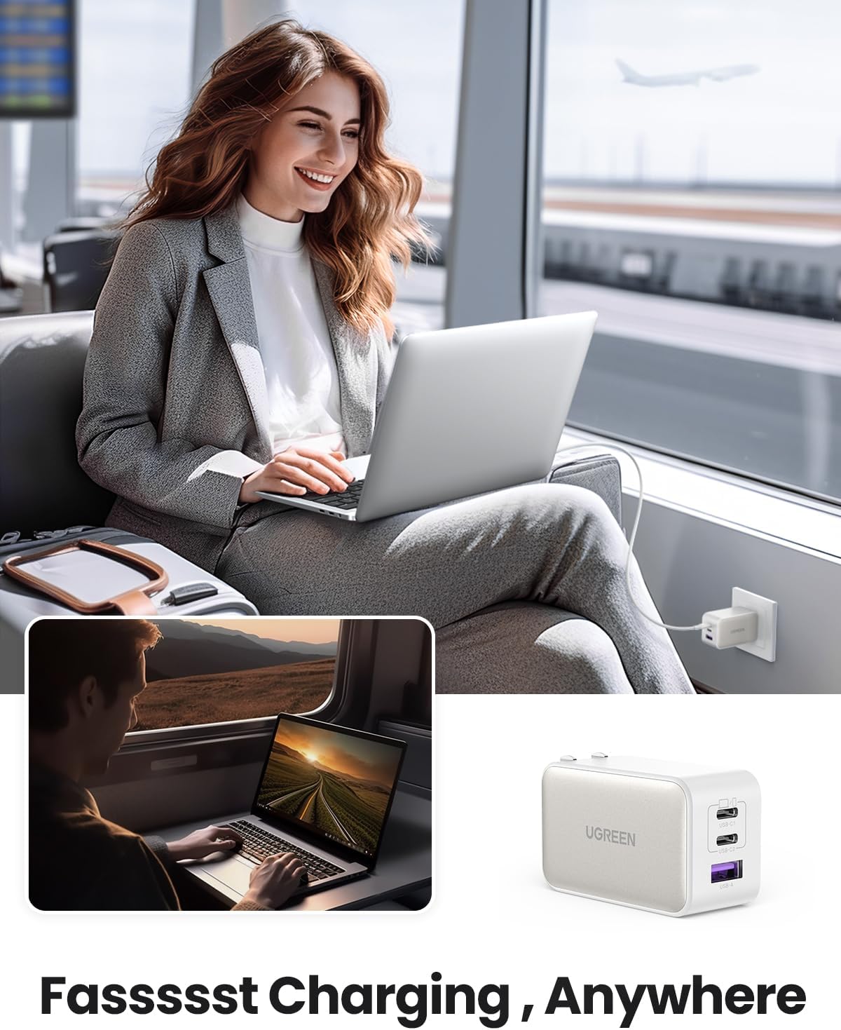 UGREEN Cargador USB C de 65 W, Nexode 3 puertos GaN Bloque de cargador rápido, cargador plegable compacto para MacBook ProAir, Dell XPS, iPhone 15