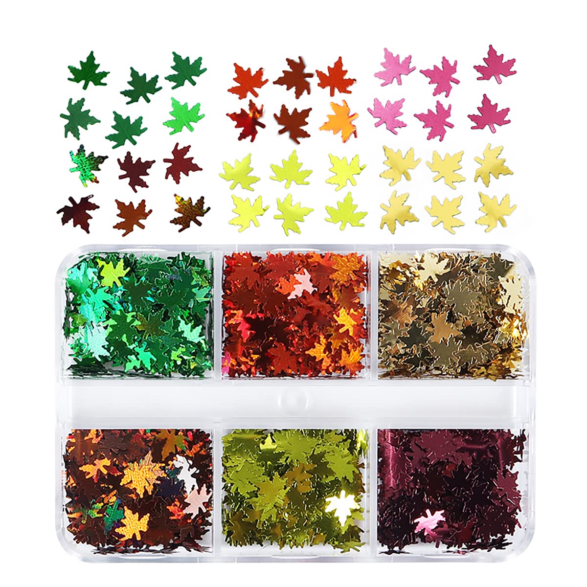6 rejillas para arte de uñas de otoño, hojas de arce 3D, lentejuelas con purpurina, calcomanías holográficas láser dorado, rojo y verde, hojas con