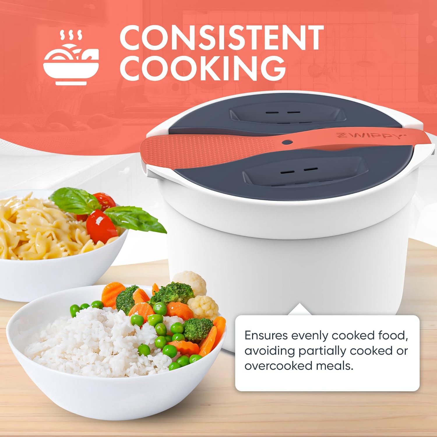 Zwippy Cocedor de arroz para microondas y pasta con colador, diseño sin desorden, apto para lavavajillas, cocina hasta 8 tazas