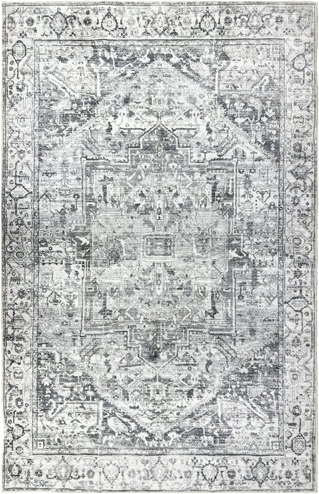 Alfombra bohemia lavable de 4 x 6 pies, alfombra oriental moderna antideslizante para dormitorio y cocina (gris)