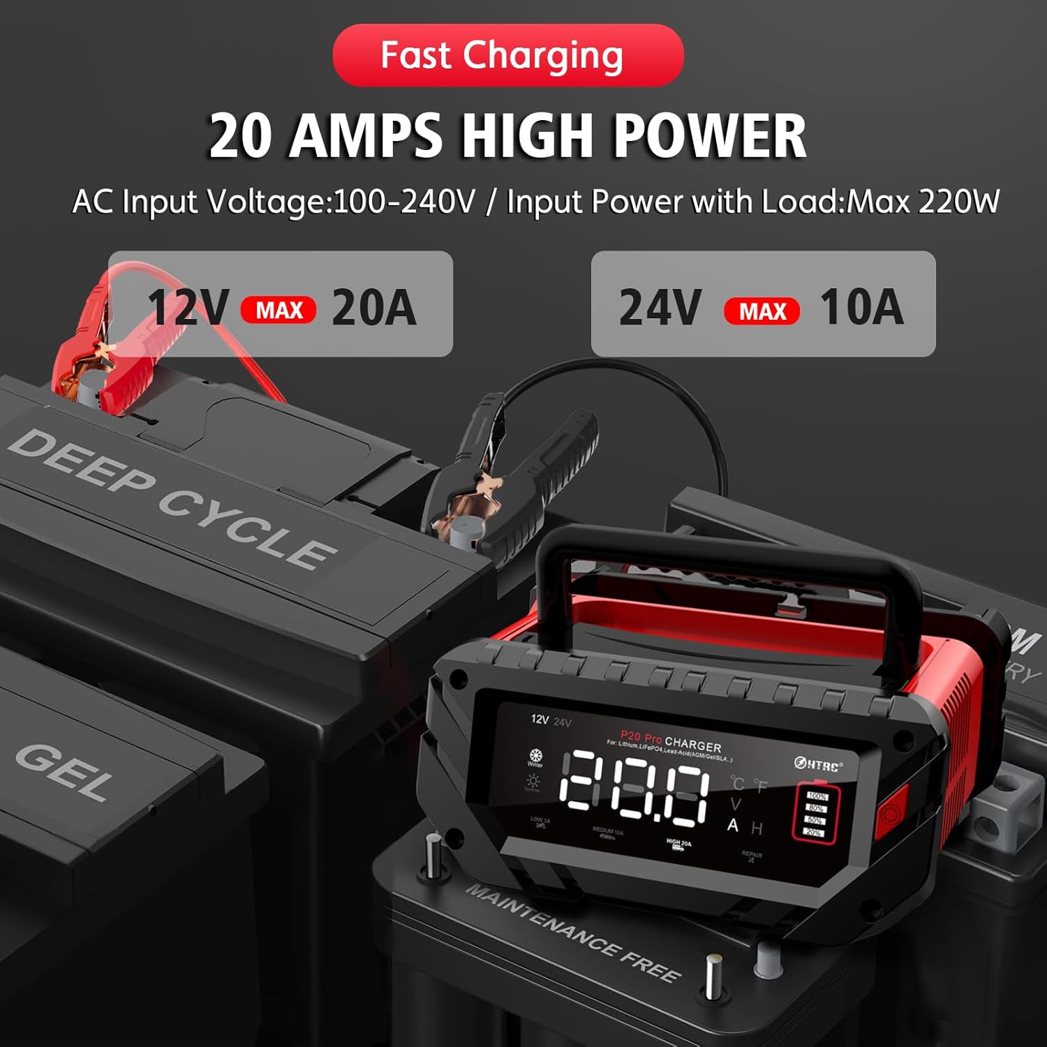 Cargador de batería de 20 amperios, 12 V24 V, cargador de batería inteligente totalmente automático, litio, cargador de flotador Lifepo4, cargador