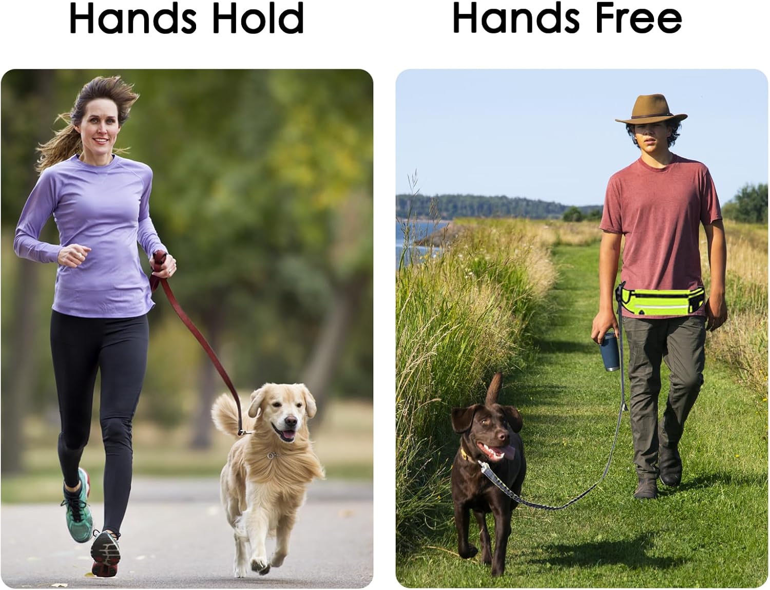 Correa de perro manos libres, correa verde manos libres para perros pequeños y grandes con bolsa impermeable con cremallera, cinturón reflectante