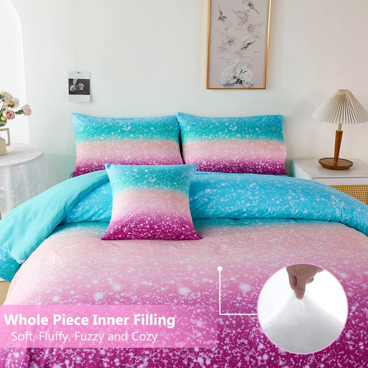 PERFEMET Juego de edredón Queen con sábanas, juego de ropa de cama de 6 piezas de teñido anudado arco iris para niñas, ropa de cama degradado con