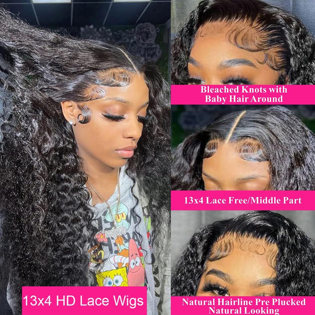 Yeeaak Pelucas de cabello humano ondulado profundo con encaje frontal transparente HD de 13 x 4 para mujeres, densidad del 180 %, sin pegamento,
