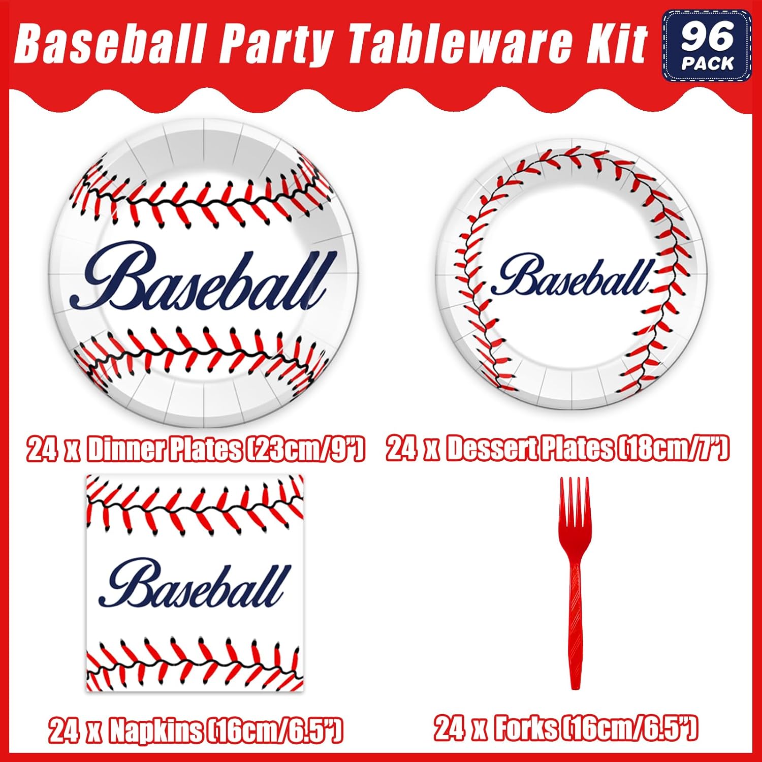Kepeel Juego de 96 piezas de decoración de fiesta de béisbol, platos de papel para fiesta de béisbol, servilletas, suministros de béisbol de
