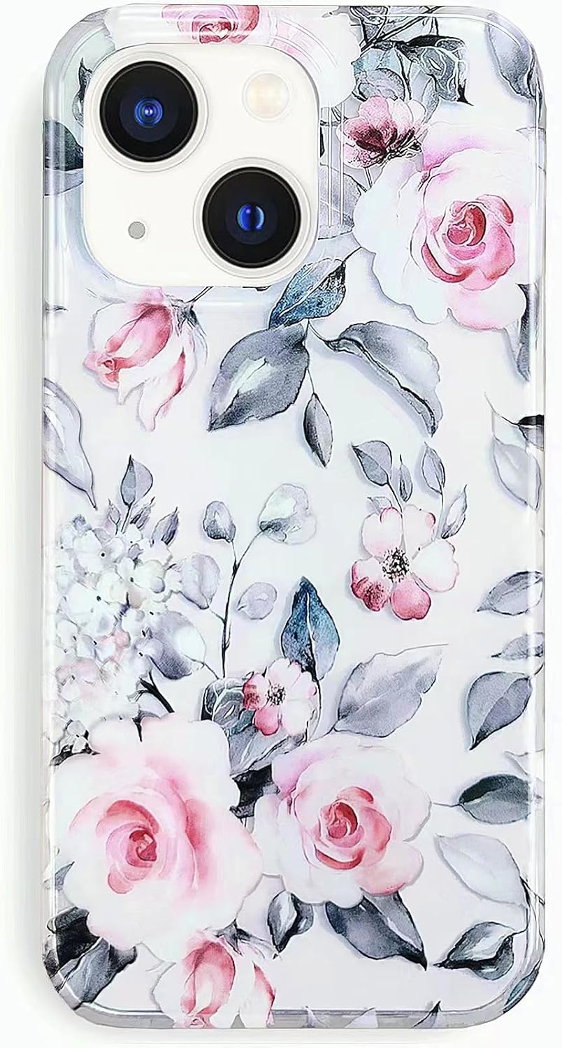J.west Funda para iPhone 13 de 6.1 pulgadas, suave, transparente, retro, rosa, floral, flexible, TPU, a prueba de golpes, transparente, elegante,