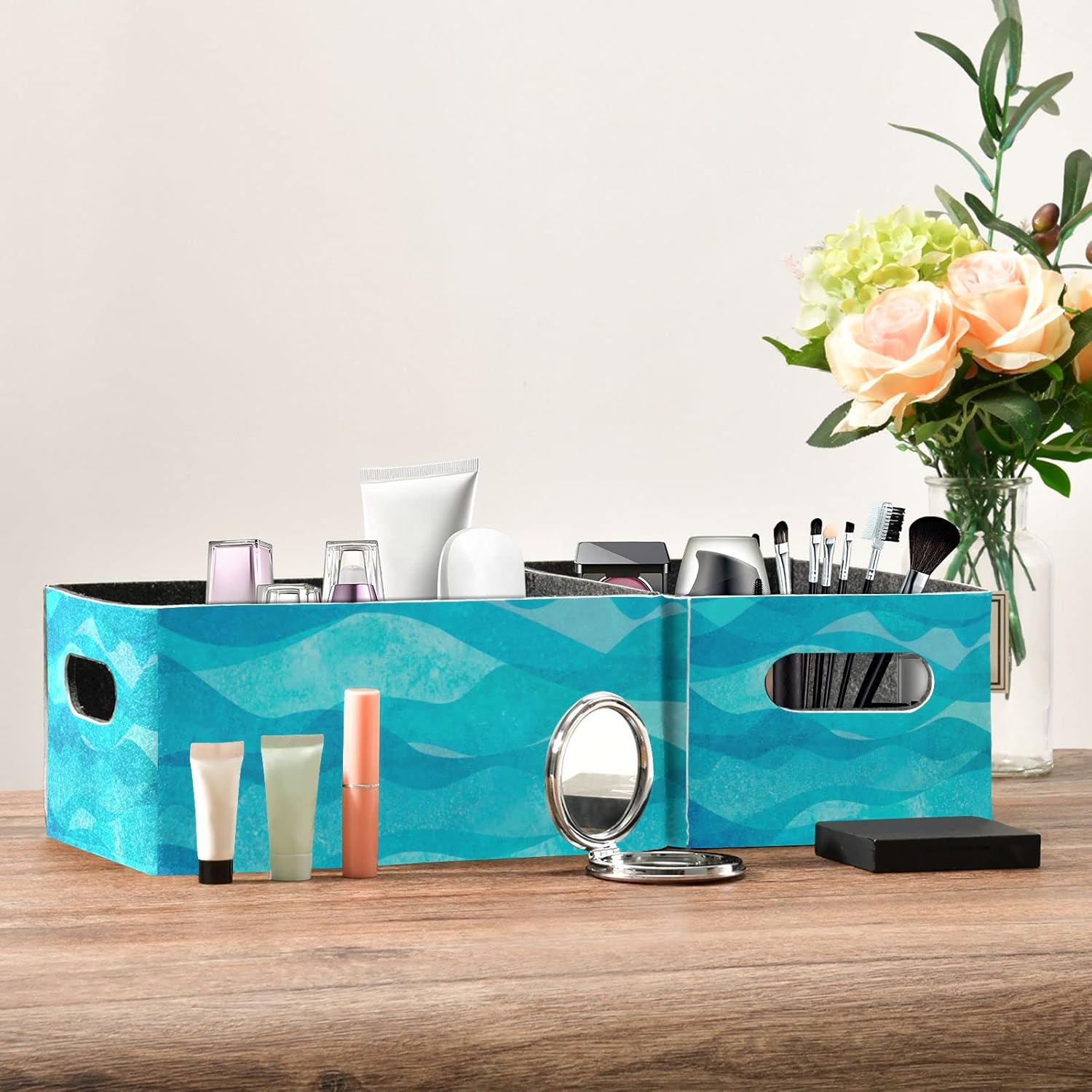 Kcldeci Canastas de almacenamiento de ondas de acuarela de color azul, verde azulado, turquesa, para organizar, cesta de almacenamiento resistente,