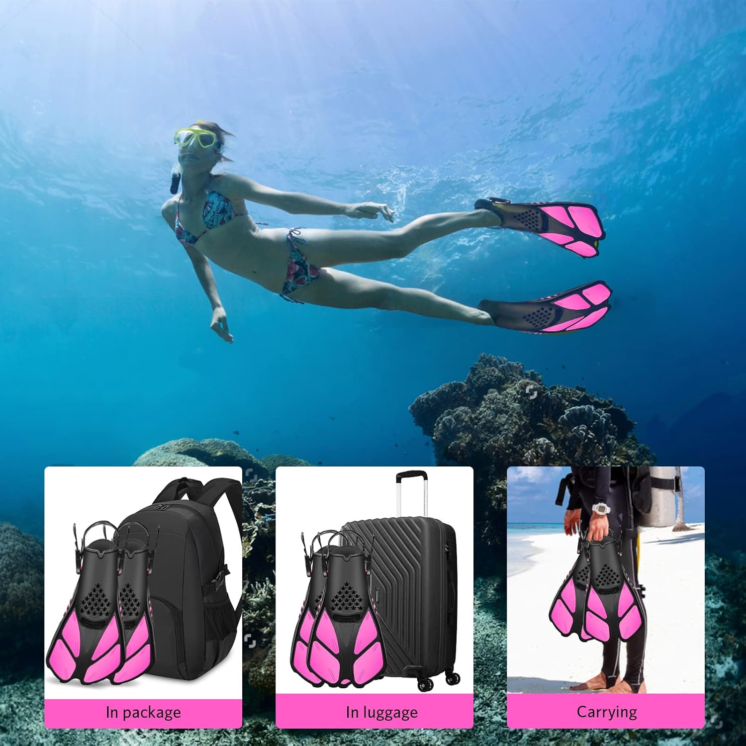 Aletas de natación, durabilidad ligera fácil de ajustar, aleta corta de natación para niños y adultos, aletas de esnórquel abiertas para viajar