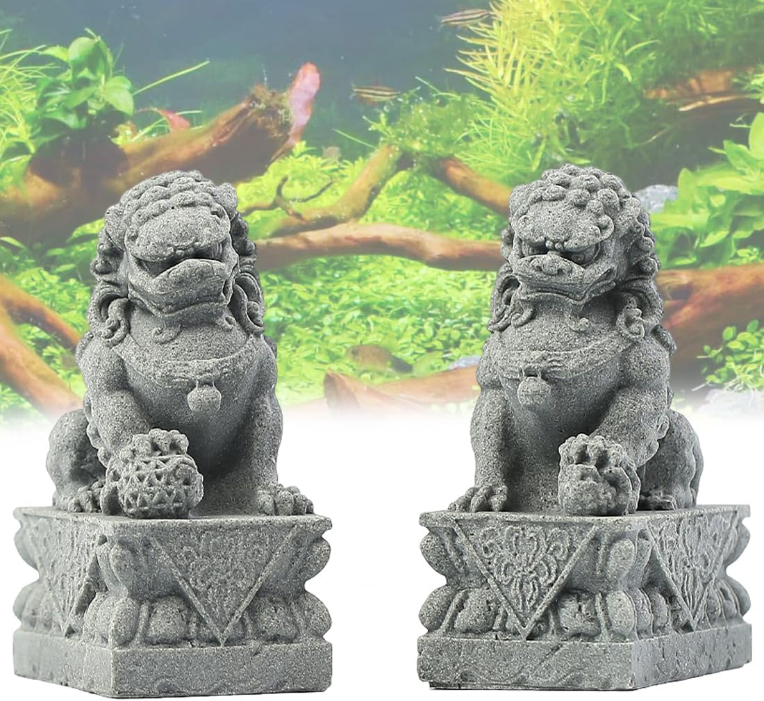 livelyfish Par de dos estatuas de león guardián asiático, pecera, acuario, arenisca, adornos chinos, decoraciones de Feng Shui (M)