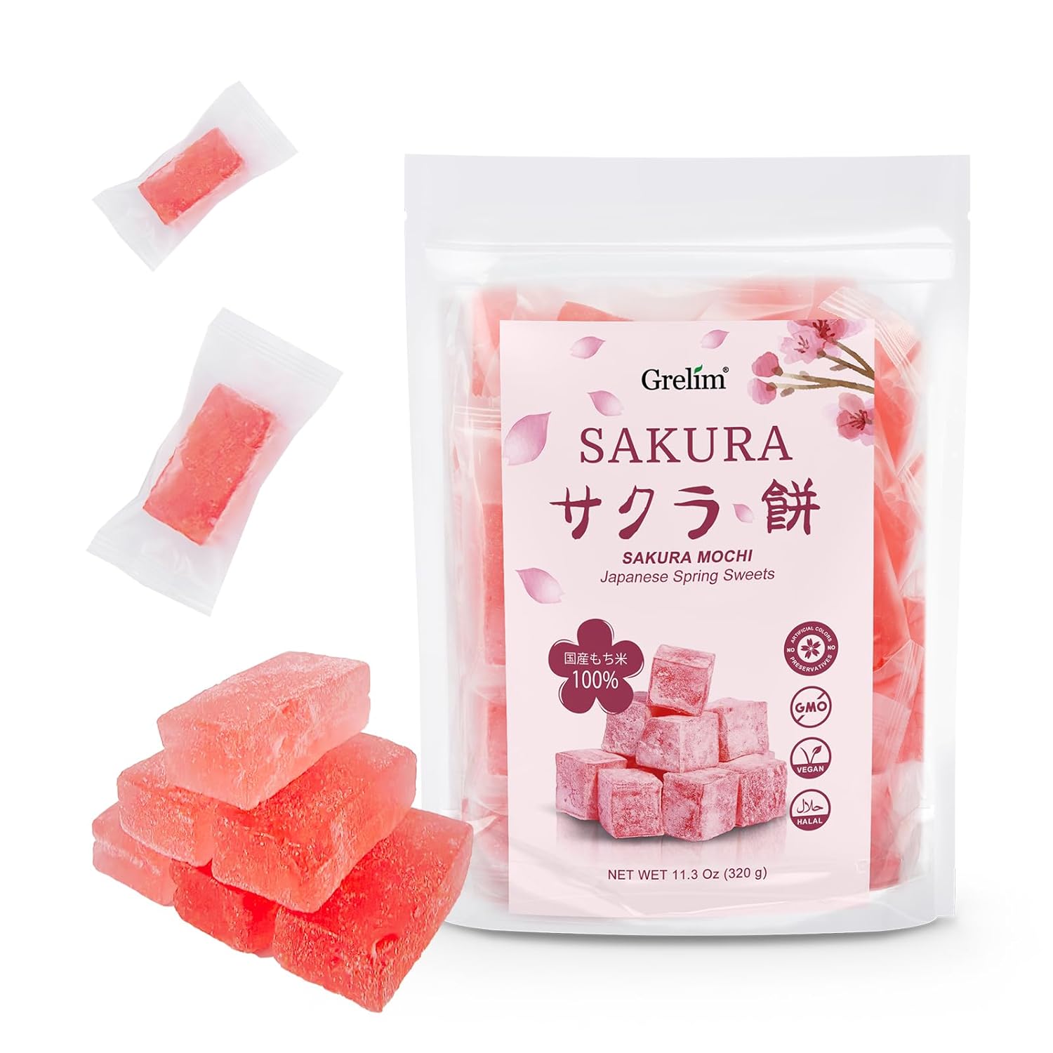 GRELIM Caramelo japonés Sakura Mochi de 11.3 onzas, pasteles de arroz tradicionales en flor de cerezo envueltos individualmente, sin colores