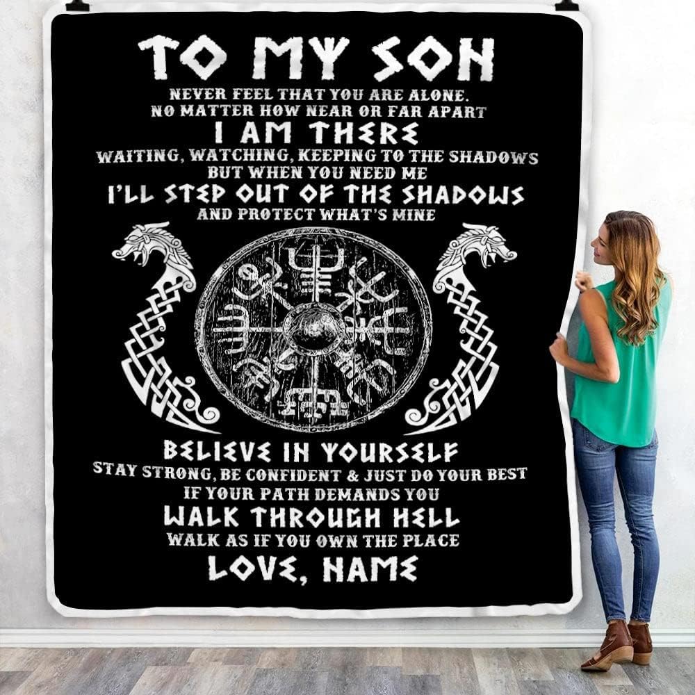 Manta personalizada con texto en inglés To My Son, Viking Never Feel You are Alone Odin, manta de vellón personalizada con texto en inglés Viking