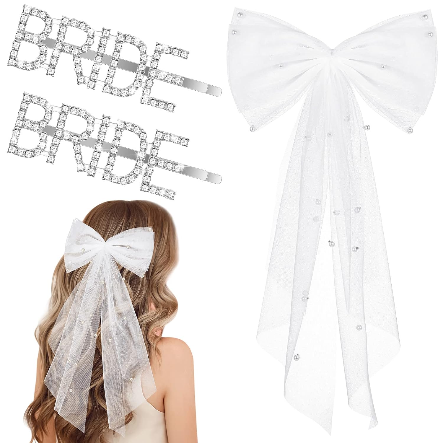 3 piezas de decoraciones de despedida de soltera, lazo blanco perla nupcial para el cabello, pinzas para el cabello plateadas, clips de letras para