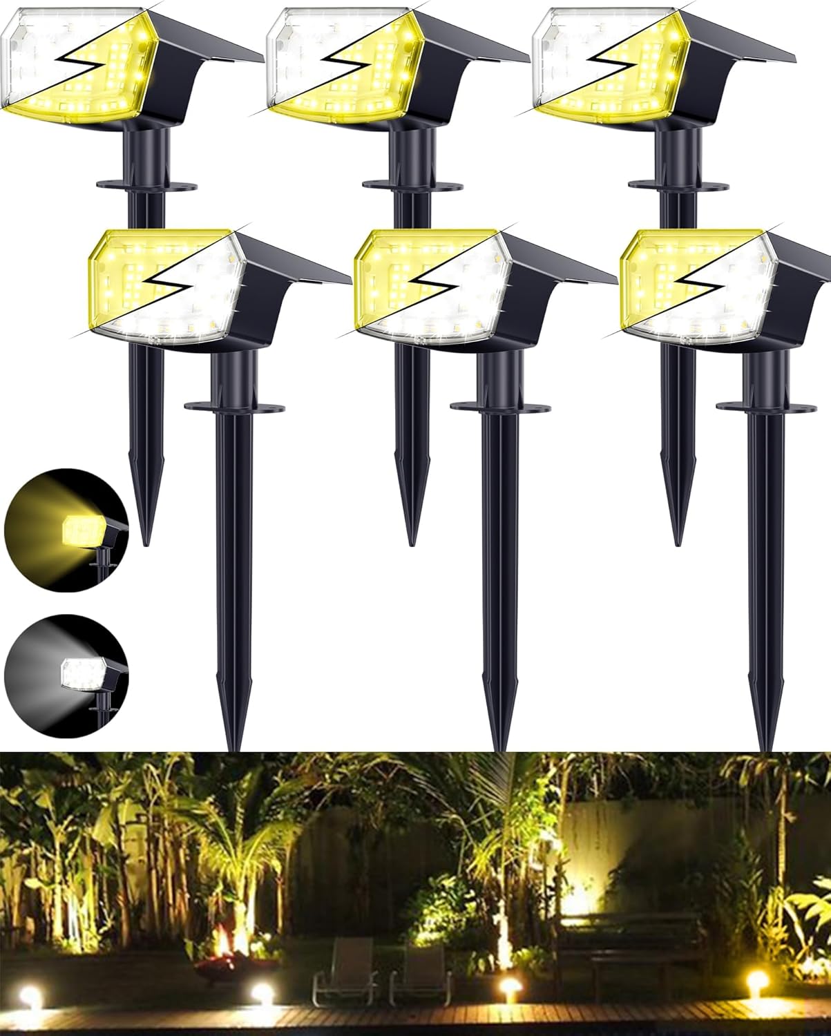 Biling Luces solares 3 en 1 cálidasblancasnaturales para exteriores, paquete de 6 luces solares impermeables para exteriores, focos solares para
