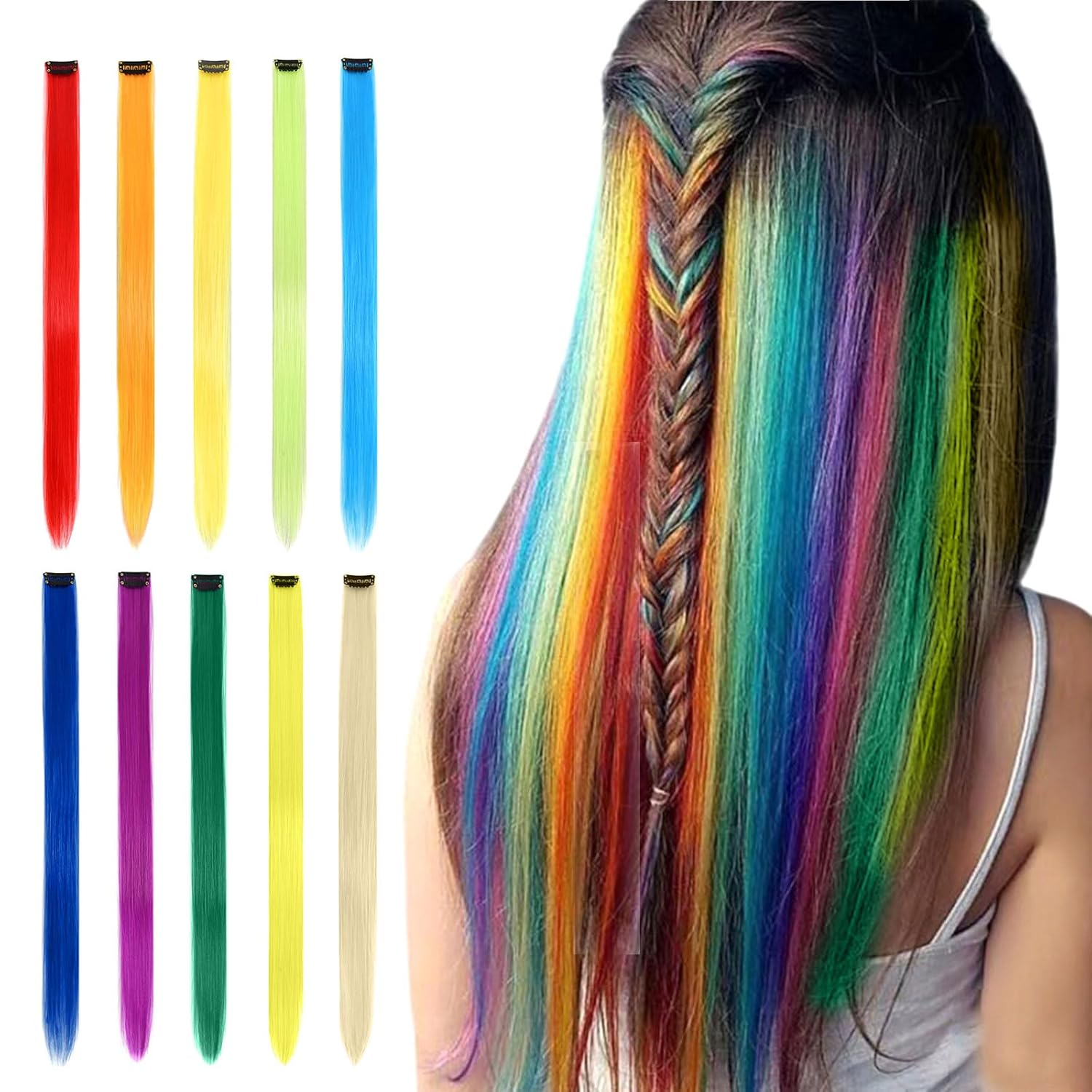 10 extensiones de cabello sintético con clip de 20 pulgadas, multicolor, lacio, con clip, para mujeres y niñas, niños, como regalo, extensiones de