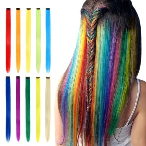 10 extensiones de cabello sintético con clip de 20 pulgadas, multicolor, lacio, con clip, para mujeres y niñas, niños, como regalo, extensiones de 10 extensiones de cabello sintético con clip de 20 pulgadas, multicolor, lacio, con clip, para mujeres y niñas, niños, como regalo, extensiones de