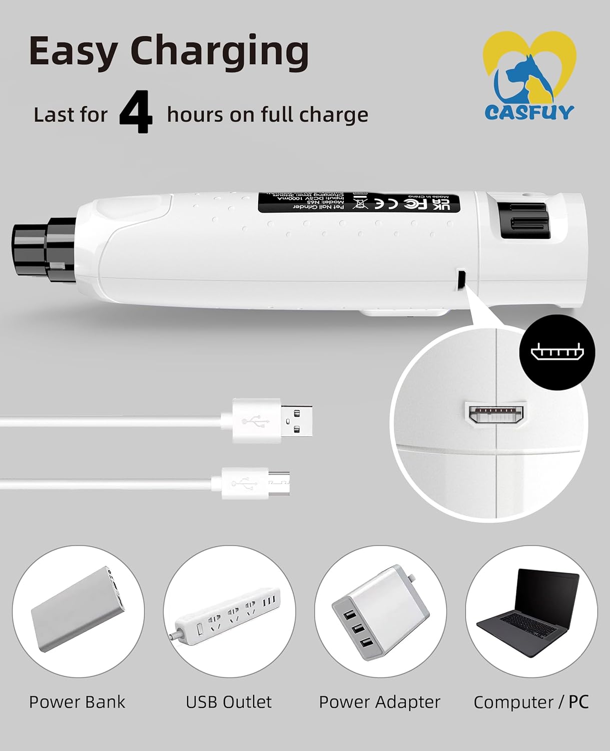 Casfuy Molinillo de uñas para perros silencioso, (45 db) de 6 velocidades con 2 luces LED para perros y gatos grandes, medianos y pequeños,