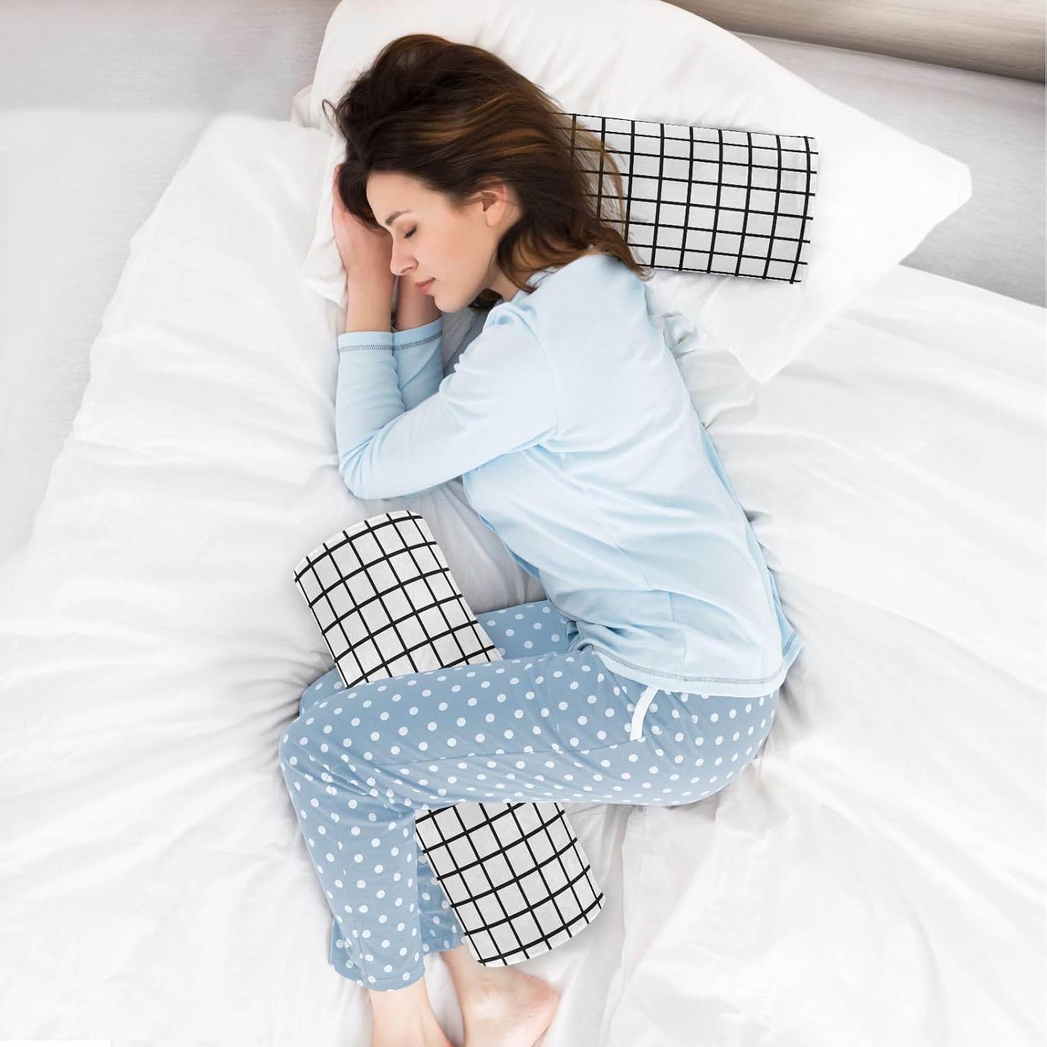 Jihqo Almohada redonda con funda a cuadros en blanco y negro para el cuello, almohada cervical, soporte de cuello de espuma viscoelástica para dormir