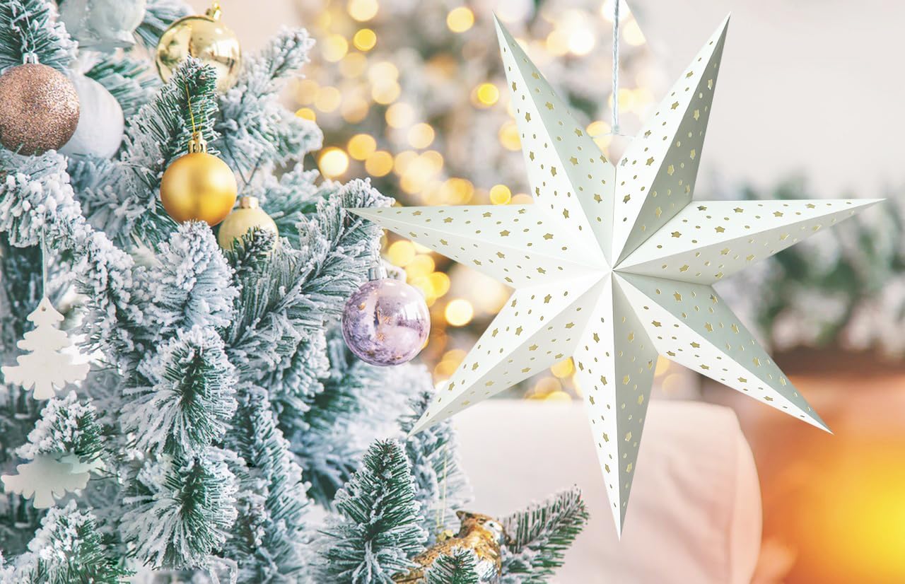 Linterna de papel con estrella de papel, pantalla colgante de Navidad, decoración para boda, fiesta de cumpleaños, decoración del hogar (M, blanco)