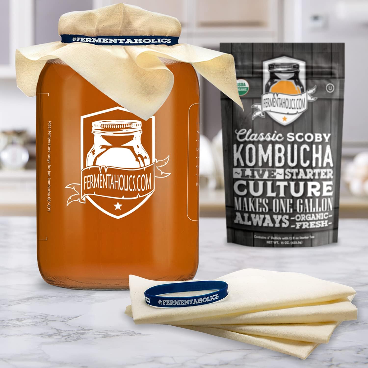 Fundas de muselina sin blanquear para kombucha, paquete de 4 con bandas de goma, cuadrado de 10 pulgadas que se adapta a una amplia variedad de