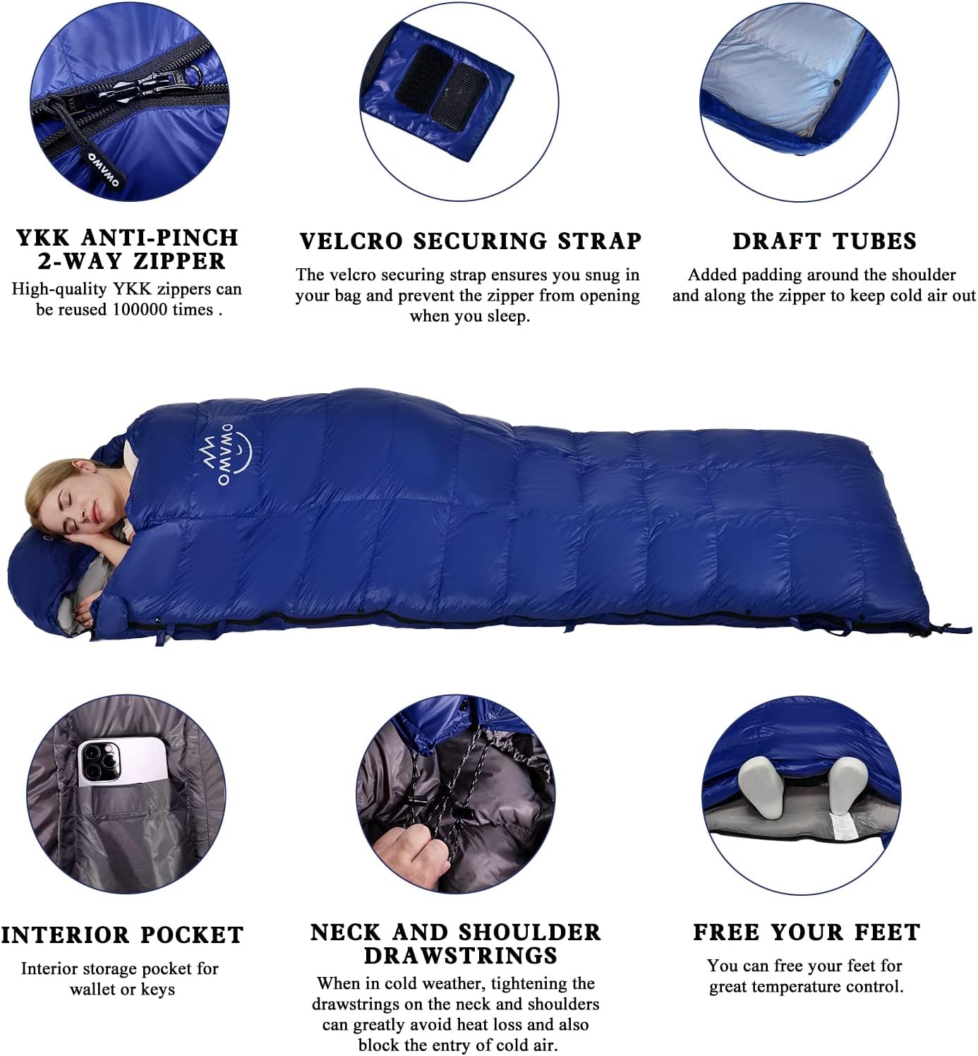 OMVMO Saco de dormir de 0 a 20 grados F para adultos, saco de dormir de fibra de plumón de 4 estaciones para mochileros, campamento, relleno de